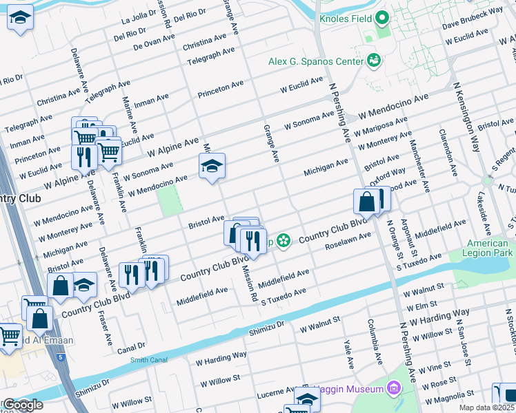 map of restaurants, bars, coffee shops, grocery stores, and more near 2701 Buena Vista Avenue in Stockton