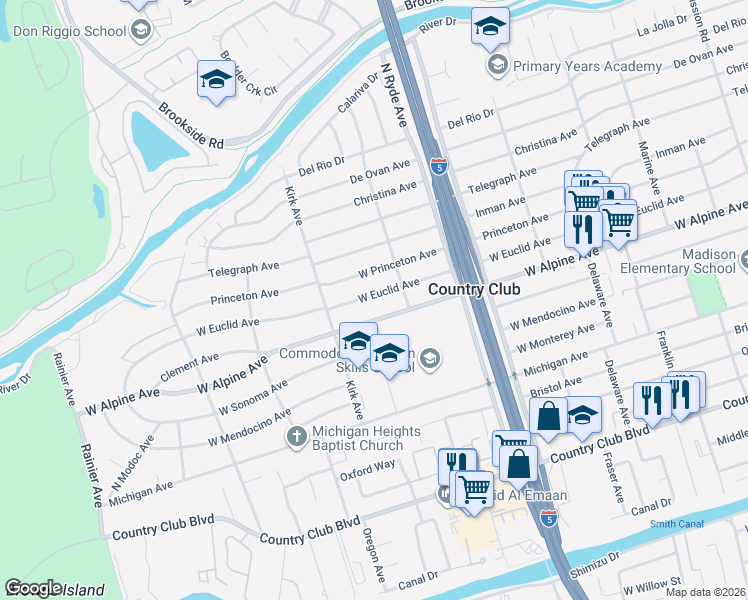 map of restaurants, bars, coffee shops, grocery stores, and more near 2905 West Alpine Avenue in Stockton