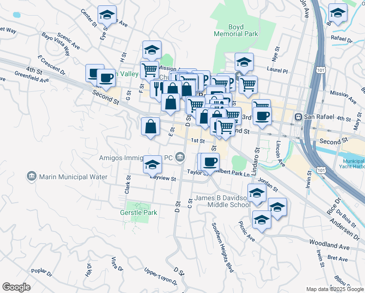 map of restaurants, bars, coffee shops, grocery stores, and more near 515 D Street in San Rafael