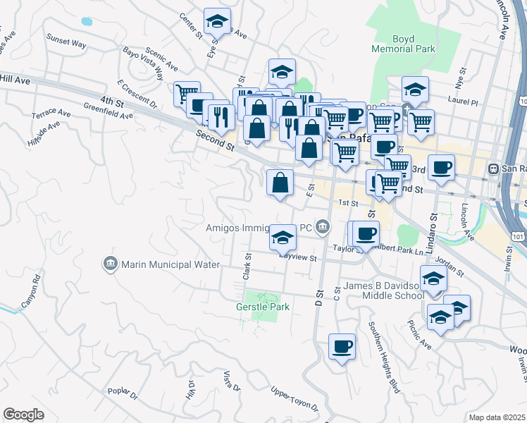 map of restaurants, bars, coffee shops, grocery stores, and more near 124 Ross Street in San Rafael