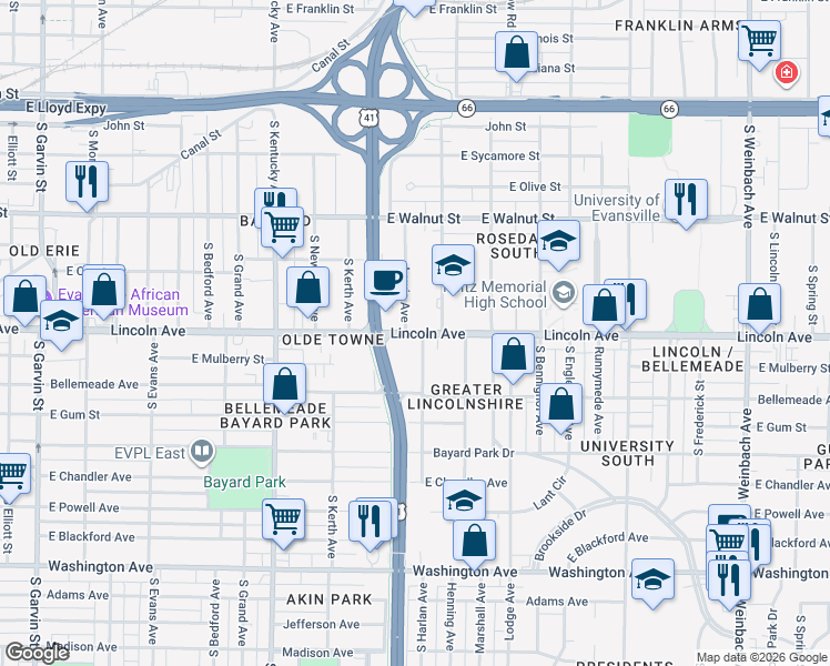 map of restaurants, bars, coffee shops, grocery stores, and more near in Evansville