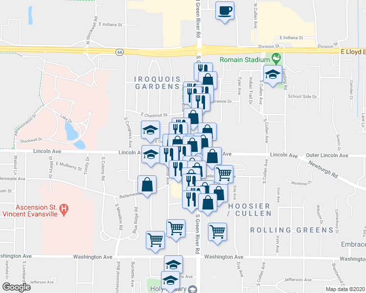 map of restaurants, bars, coffee shops, grocery stores, and more near 4701 Lincoln Avenue in Evansville