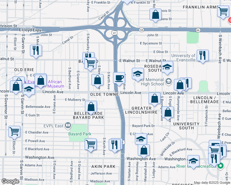 map of restaurants, bars, coffee shops, grocery stores, and more near U.S. 41 & Lincoln Ave in Evansville