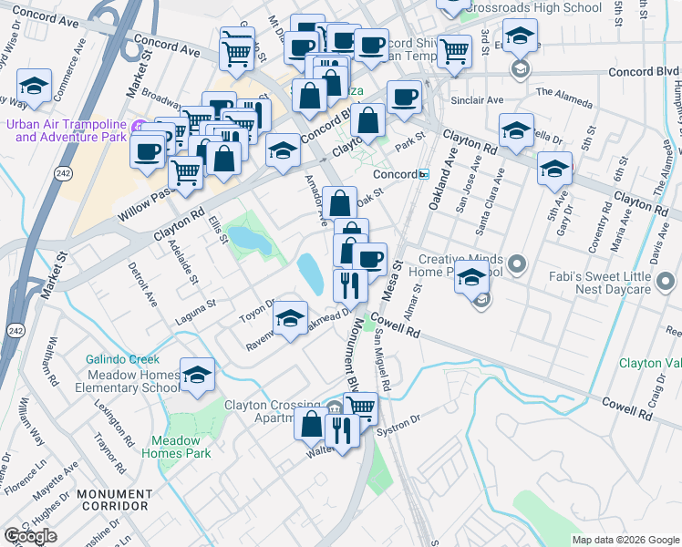 map of restaurants, bars, coffee shops, grocery stores, and more near 1897 Oakmead Drive in Concord