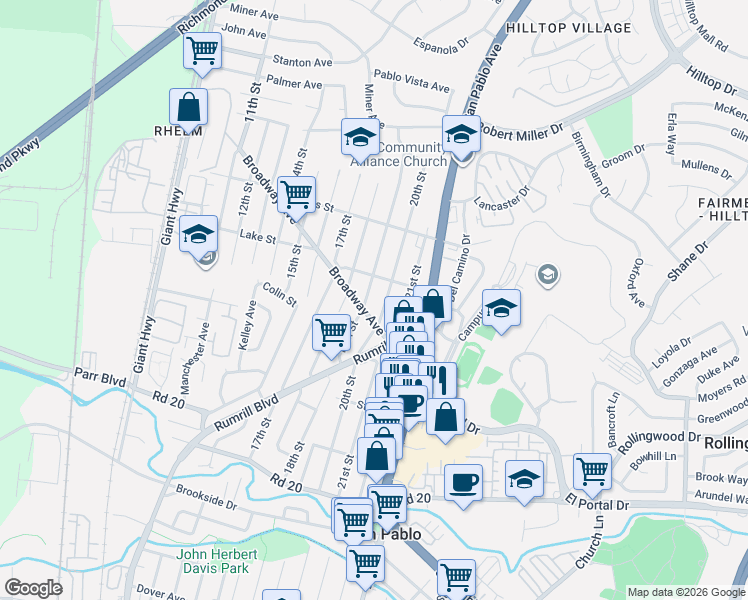 map of restaurants, bars, coffee shops, grocery stores, and more near 1931 Broadway Avenue in San Pablo