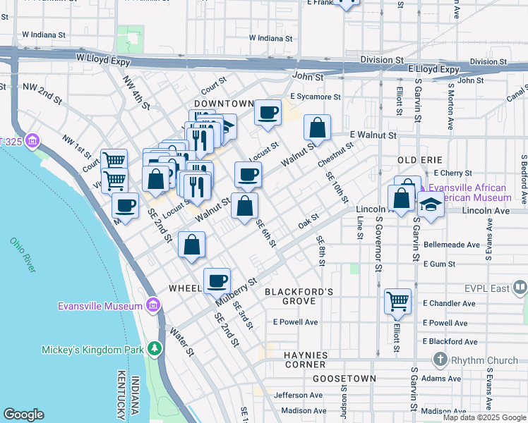 map of restaurants, bars, coffee shops, grocery stores, and more near 315 Southeast Martin Luther King Junior Boulevard in Evansville