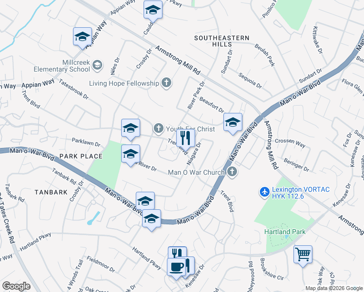 map of restaurants, bars, coffee shops, grocery stores, and more near 1325 Trent Boulevard in Lexington