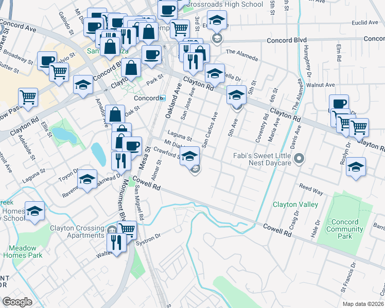 map of restaurants, bars, coffee shops, grocery stores, and more near 2940 Mount Diablo Street in Concord