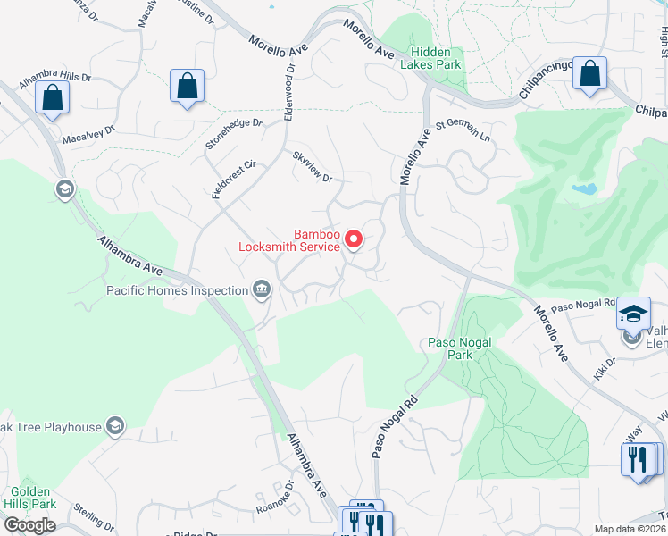 map of restaurants, bars, coffee shops, grocery stores, and more near 85 Southwind Drive in Pleasant Hill