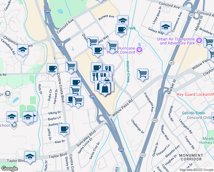 map of restaurants, bars, coffee shops, grocery stores, and more near 1975 Diamond Boulevard in Concord