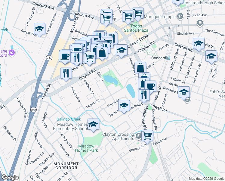 map of restaurants, bars, coffee shops, grocery stores, and more near 1500 Ellis Street in Concord
