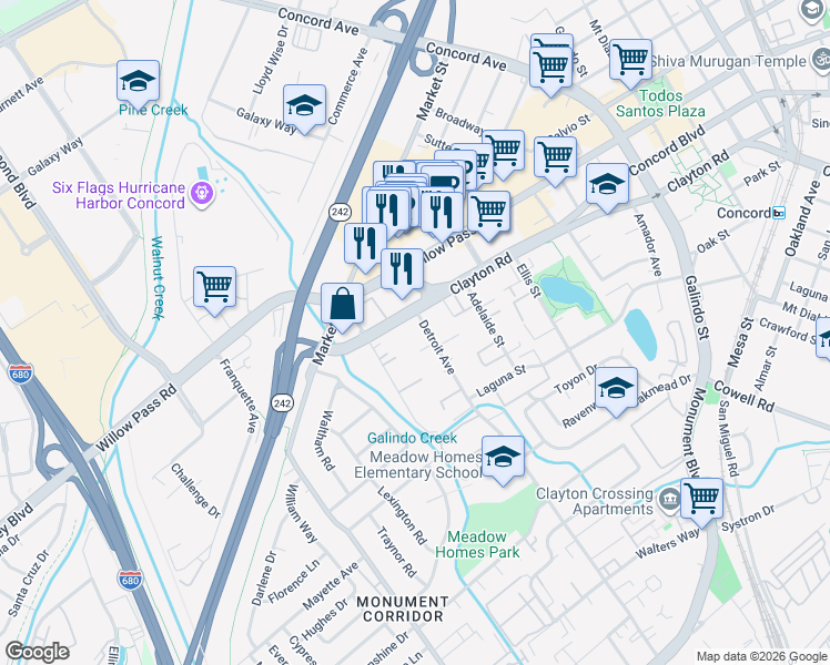 map of restaurants, bars, coffee shops, grocery stores, and more near 1741 Detroit Avenue in Concord