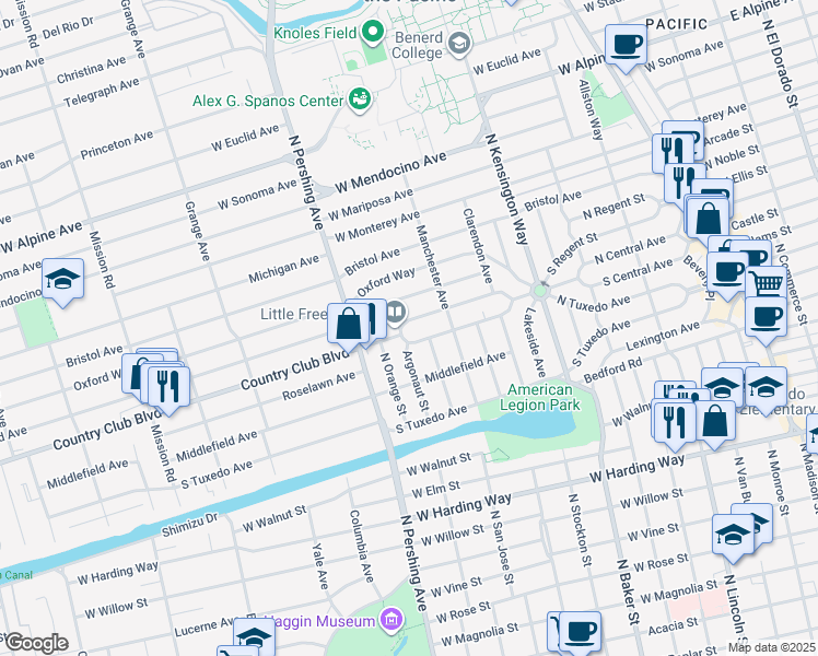 map of restaurants, bars, coffee shops, grocery stores, and more near 2249 North San Jose Street in Stockton