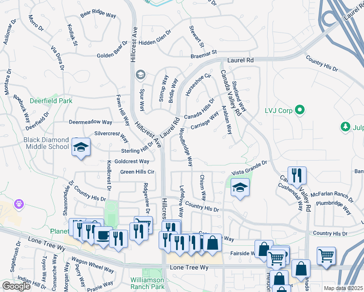 map of restaurants, bars, coffee shops, grocery stores, and more near 4720 Woodbridge Way in Antioch