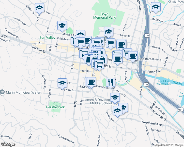 map of restaurants, bars, coffee shops, grocery stores, and more near 601 B Street in San Rafael