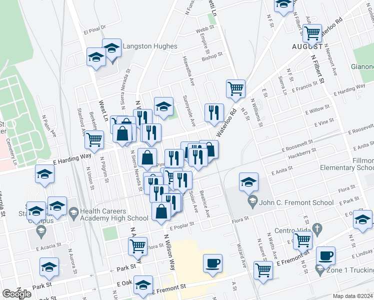 map of restaurants, bars, coffee shops, grocery stores, and more near 1237 Sycamore Avenue in Stockton