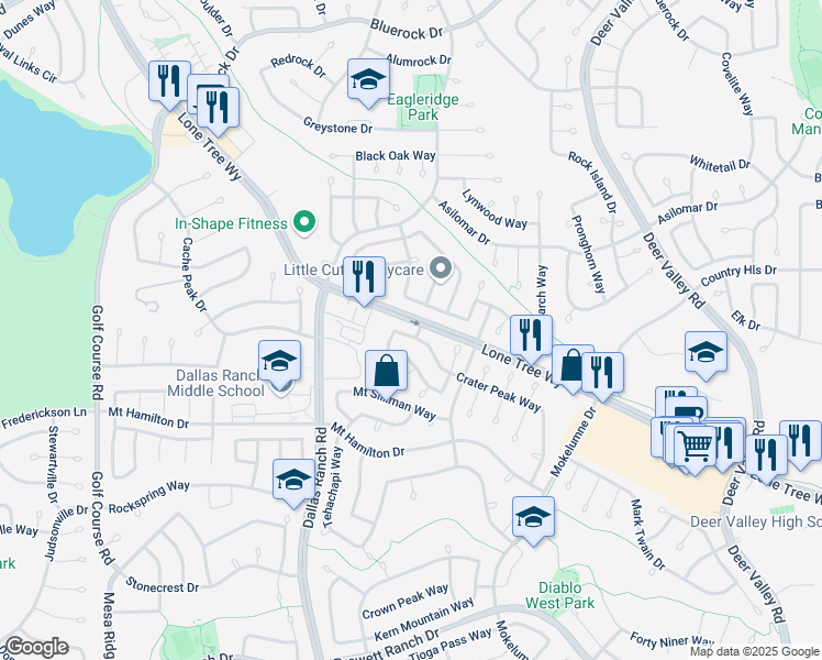 map of restaurants, bars, coffee shops, grocery stores, and more near 1715 Crater Peak Way in Antioch