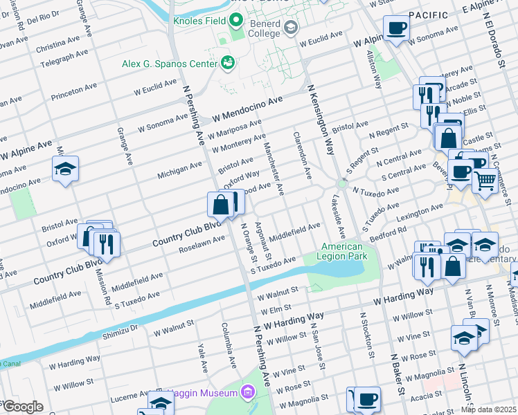 map of restaurants, bars, coffee shops, grocery stores, and more near 2249 North San Jose Street in Stockton