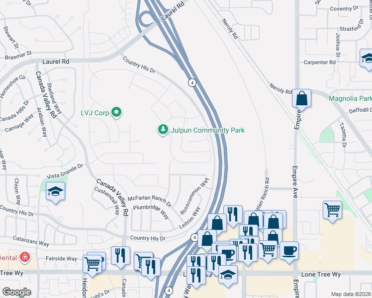 map of restaurants, bars, coffee shops, grocery stores, and more near 5612 Ridgepoint Way in Antioch