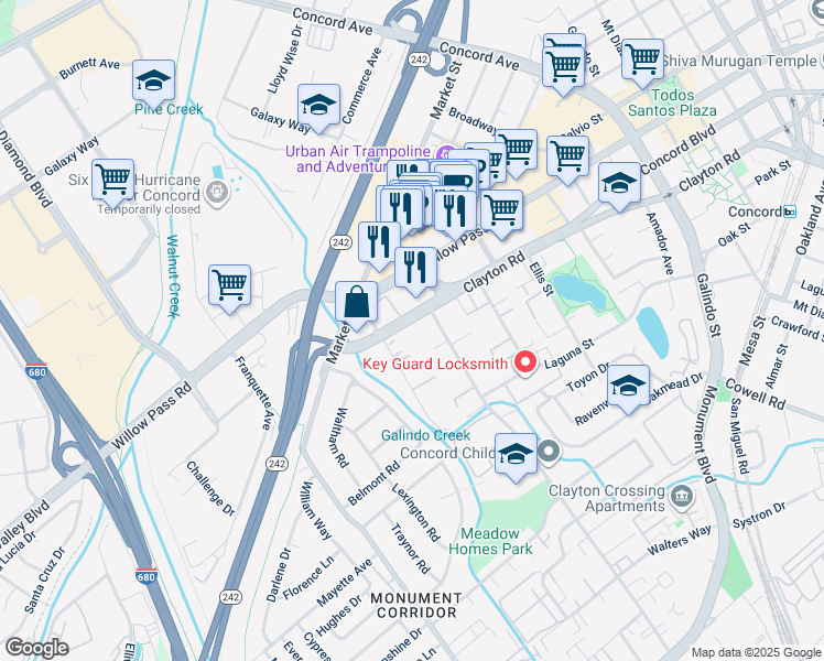 map of restaurants, bars, coffee shops, grocery stores, and more near 1730 Pine Street in Concord