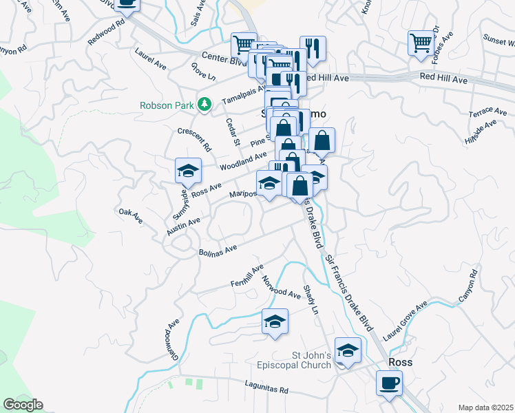 map of restaurants, bars, coffee shops, grocery stores, and more near 16 Richmond Road in San Anselmo