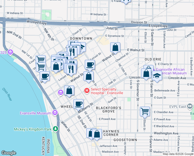 map of restaurants, bars, coffee shops, grocery stores, and more near 613 Cherry Street in Evansville