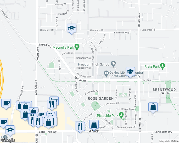 map of restaurants, bars, coffee shops, grocery stores, and more near 47 Sugarbush Court in Oakley
