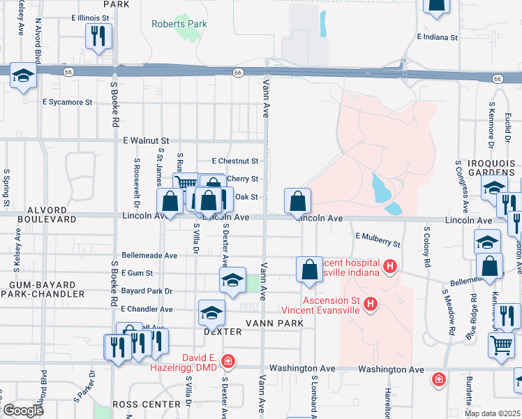 map of restaurants, bars, coffee shops, grocery stores, and more near 3115 Lincoln Avenue in Evansville