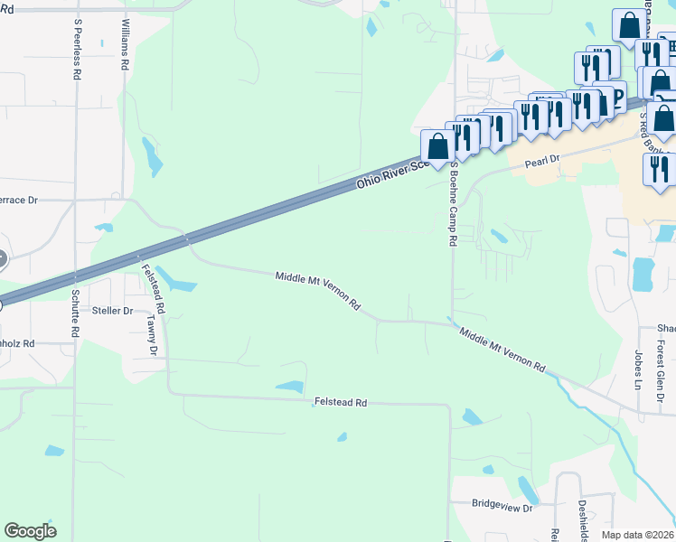 map of restaurants, bars, coffee shops, grocery stores, and more near 6401 Middle Mount Vernon Road in Evansville