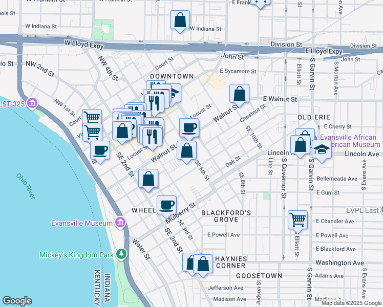 map of restaurants, bars, coffee shops, grocery stores, and more near Chestnut Street in Evansville