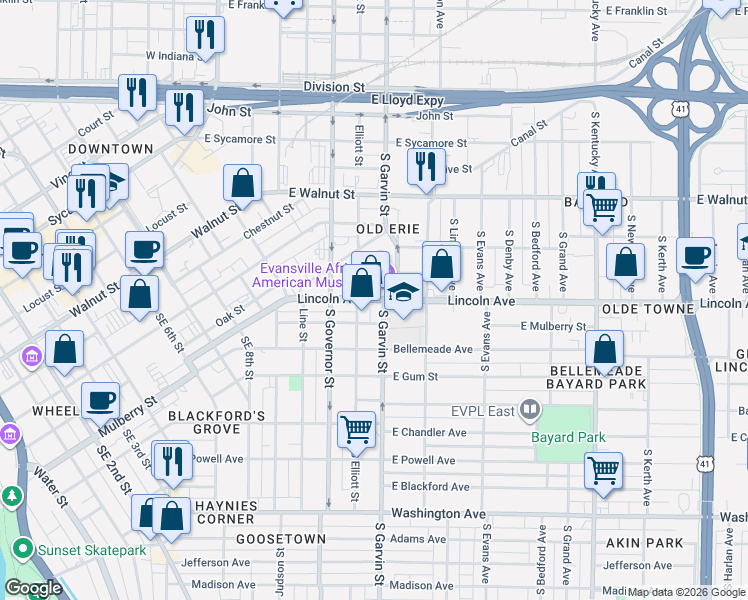 map of restaurants, bars, coffee shops, grocery stores, and more near 635 Lincoln Avenue in Evansville