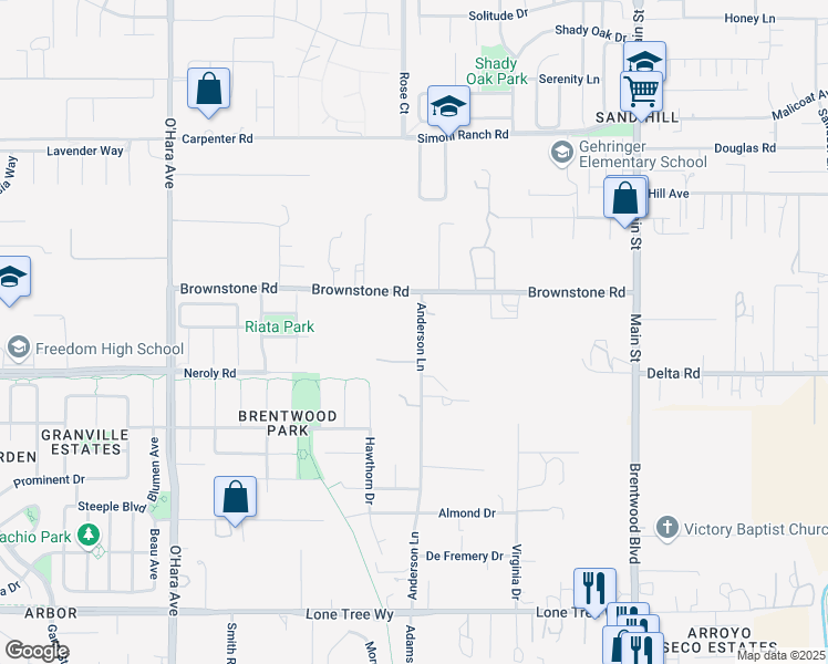 map of restaurants, bars, coffee shops, grocery stores, and more near 3105 Anderson Lane in Oakley