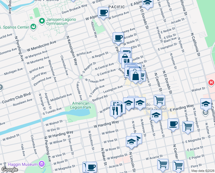 map of restaurants, bars, coffee shops, grocery stores, and more near 628 South Tuxedo Avenue in Stockton