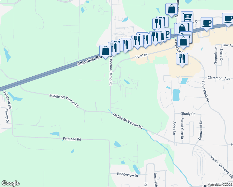 map of restaurants, bars, coffee shops, grocery stores, and more near 712 South Boehne Camp Road in Evansville