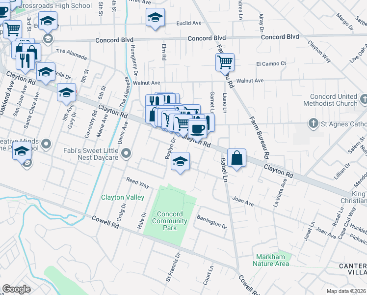 map of restaurants, bars, coffee shops, grocery stores, and more near 3512 Clayton Road in Concord