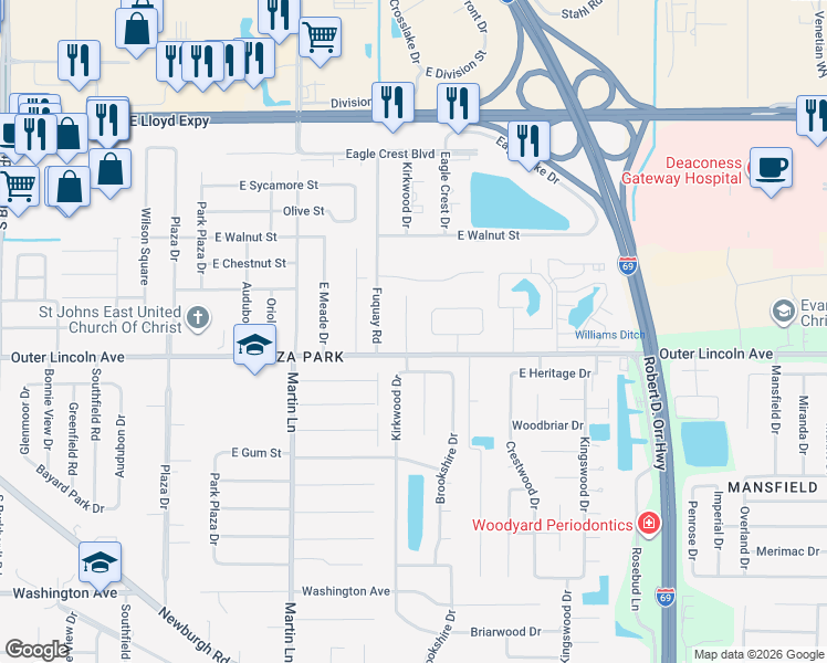 map of restaurants, bars, coffee shops, grocery stores, and more near 7815 Ridgebrook Drive in Evansville