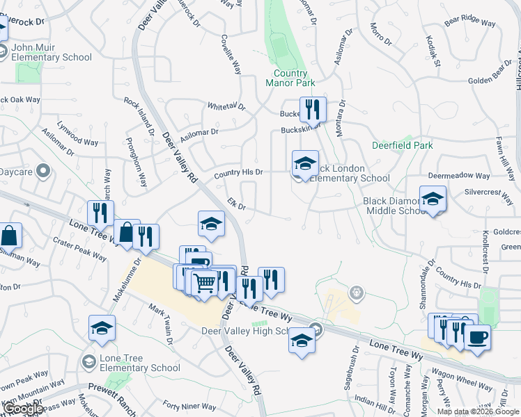 map of restaurants, bars, coffee shops, grocery stores, and more near 4541 Pampas Circle in Antioch