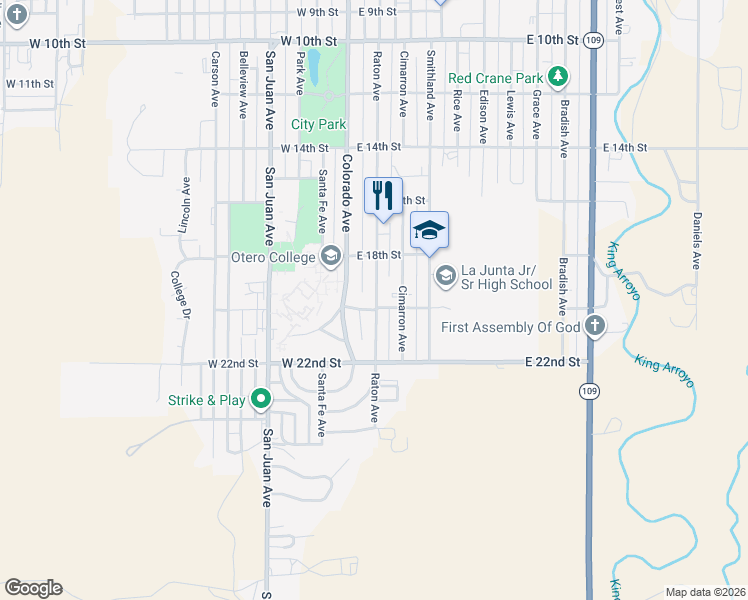 map of restaurants, bars, coffee shops, grocery stores, and more near 1922 Raton Ave in La Junta