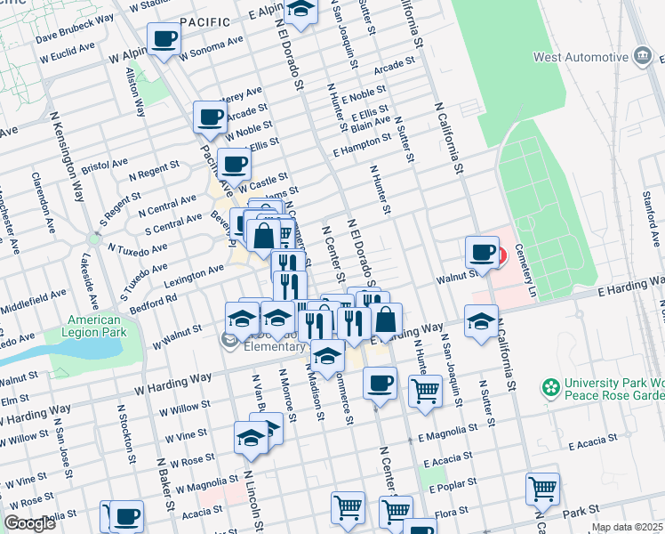 map of restaurants, bars, coffee shops, grocery stores, and more near 1845 North Center Street in Stockton