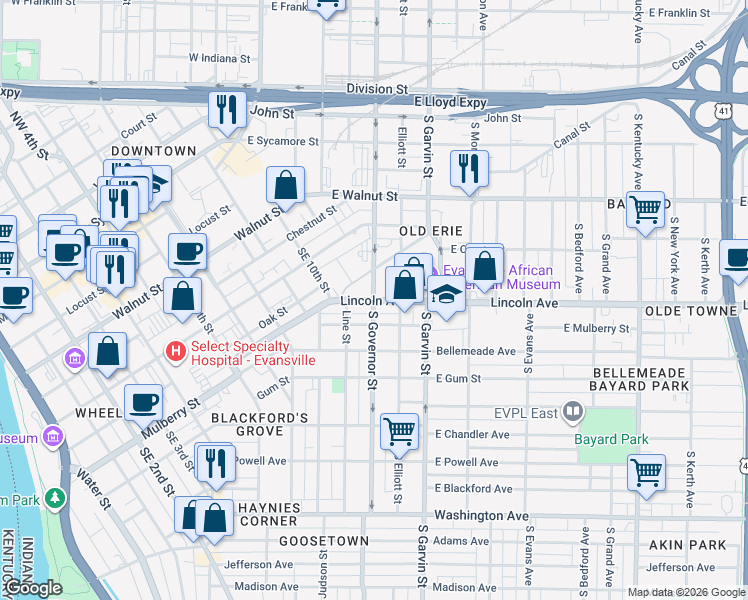 map of restaurants, bars, coffee shops, grocery stores, and more near 593 South Governor Street in Evansville