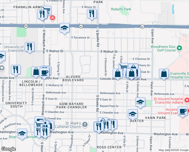map of restaurants, bars, coffee shops, grocery stores, and more near 601 South Boeke Road in Evansville