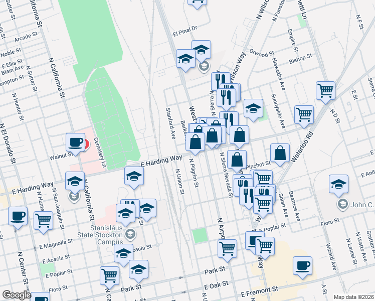 map of restaurants, bars, coffee shops, grocery stores, and more near 1269 North Pilgrim Street in Stockton