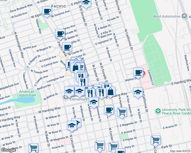 map of restaurants, bars, coffee shops, grocery stores, and more near 4 Alder Street in Stockton