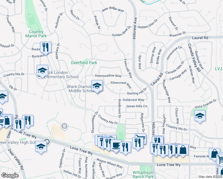map of restaurants, bars, coffee shops, grocery stores, and more near 4750 Sterling Hill Drive in Antioch