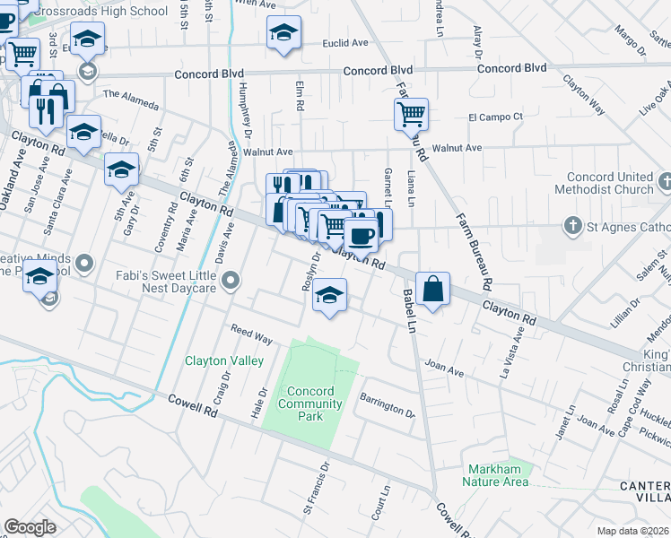 map of restaurants, bars, coffee shops, grocery stores, and more near 3512 Clayton Road in Concord