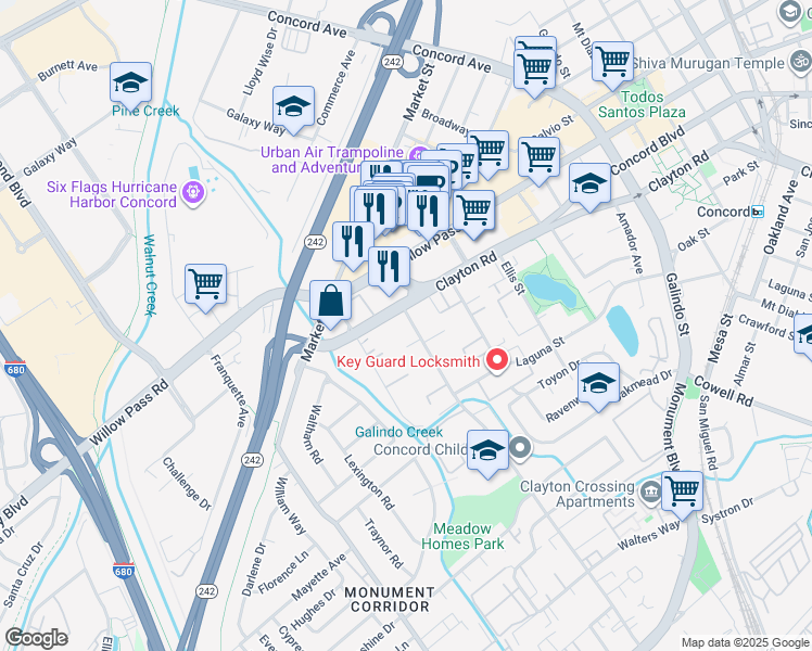 map of restaurants, bars, coffee shops, grocery stores, and more near 1711 Detroit Avenue in Concord