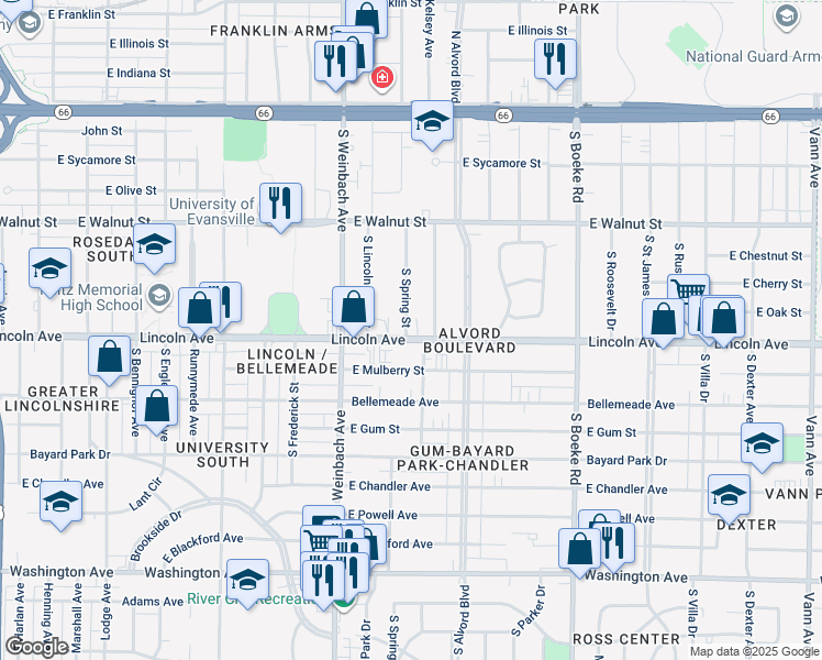 map of restaurants, bars, coffee shops, grocery stores, and more near 2109 Lincoln Avenue in Evansville