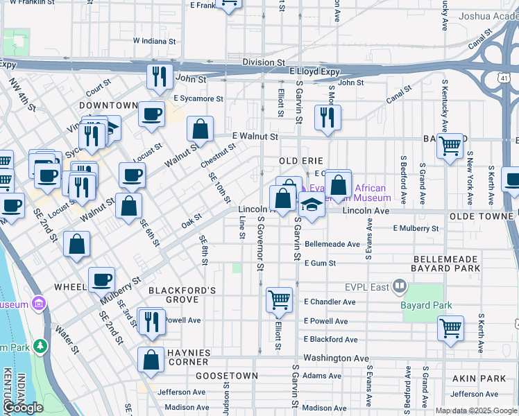 map of restaurants, bars, coffee shops, grocery stores, and more near 591 South Governor Street in Evansville