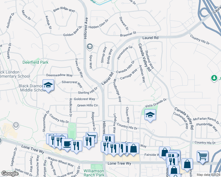 map of restaurants, bars, coffee shops, grocery stores, and more near 5048 Rodeo Circle in Antioch