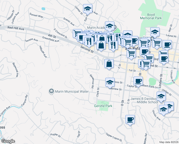 map of restaurants, bars, coffee shops, grocery stores, and more near 127 Reservoir Road in San Rafael